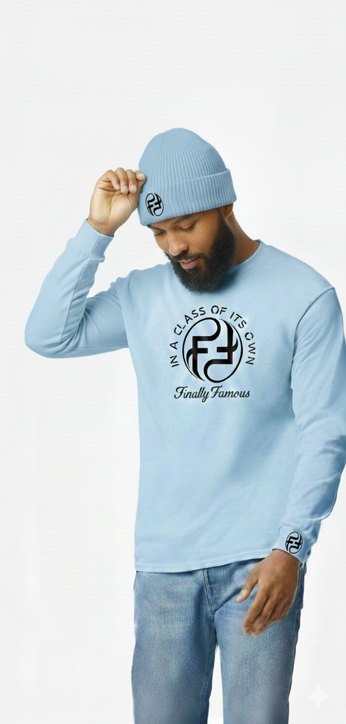 M MEN'S FINELY FAMOUS IN A CLASS OF ITS OWN LONG SLEEVE T SHIRT BEANIE COMBO